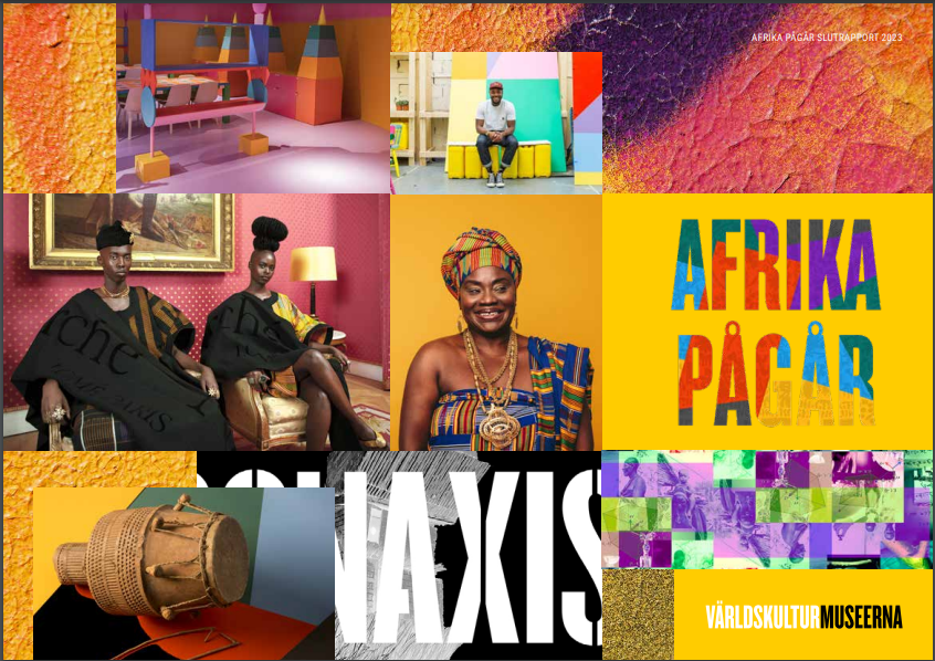Framsidan på Afrika pågår-rapporten, collage med färgrika bilder