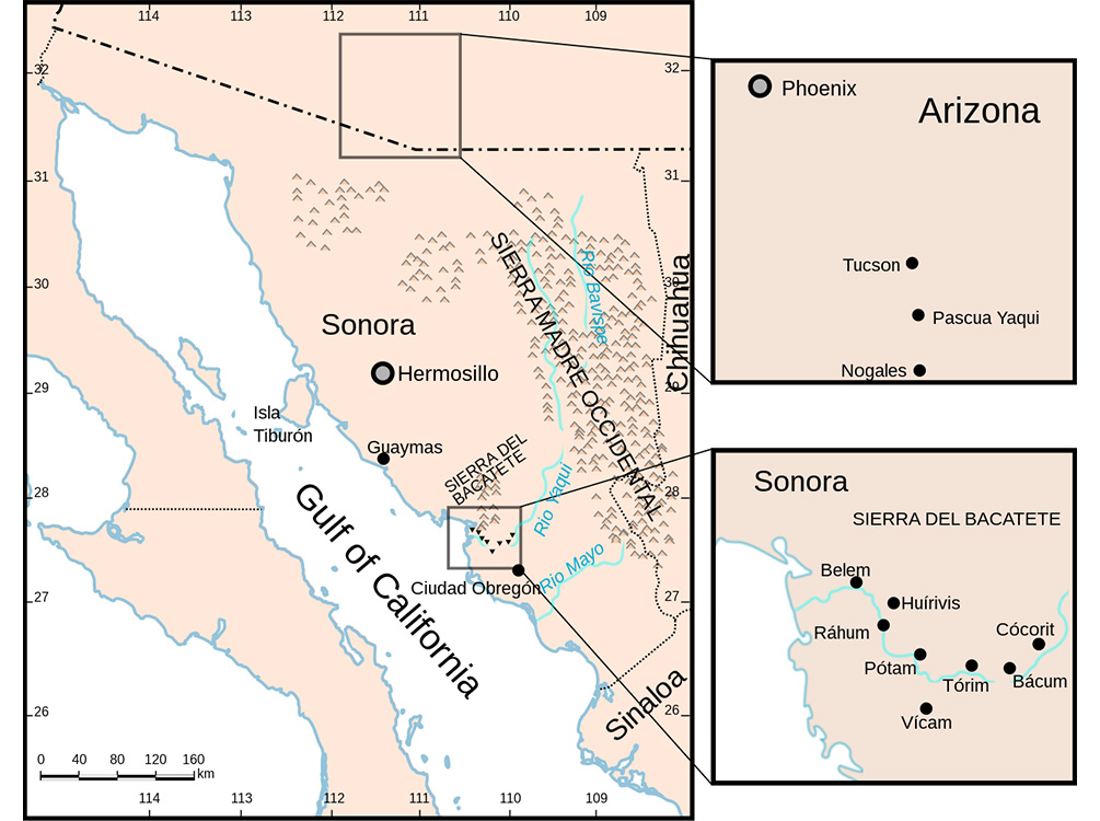 map of yaqui pueblos. map.