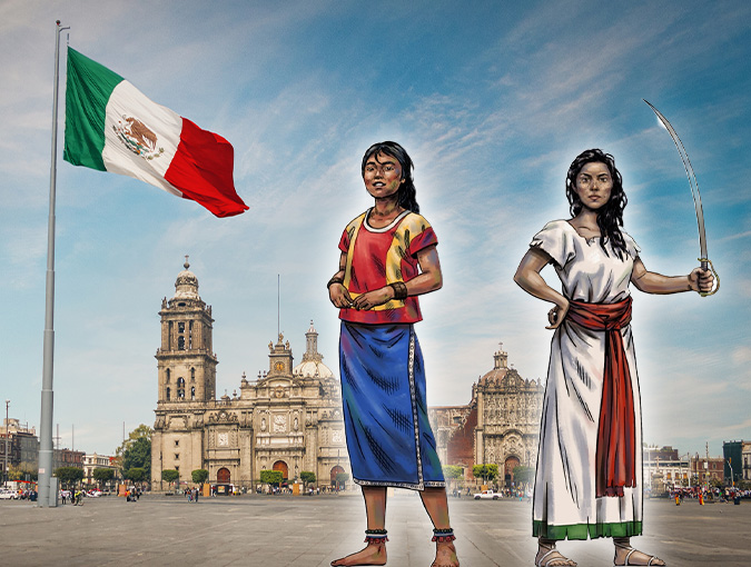 Länk. Två figurer från spelet inklistrade framför ett torg i Mexico city